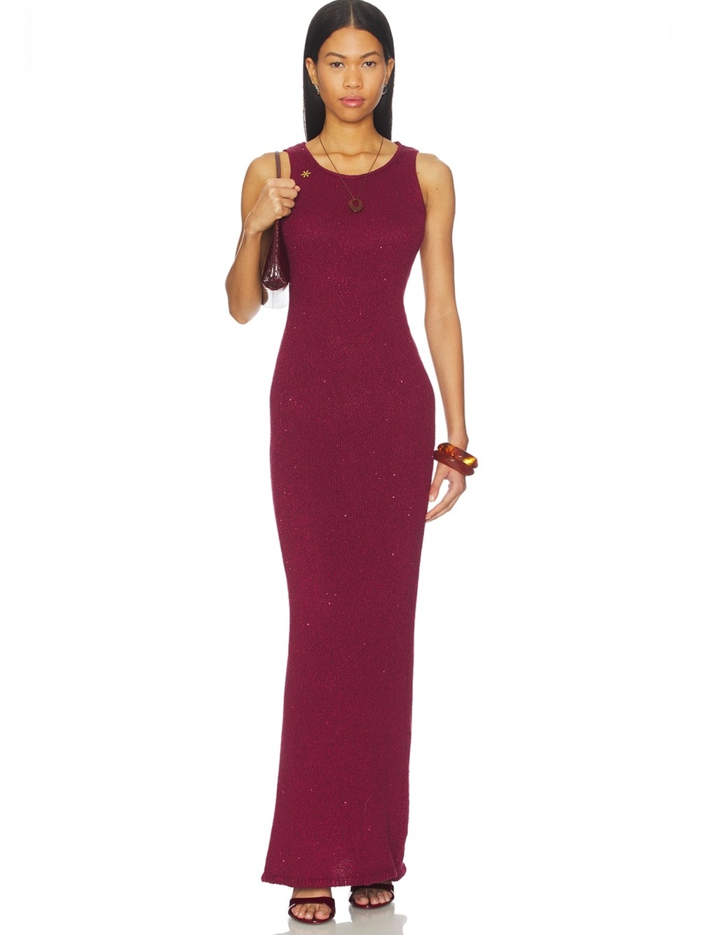 NWT Asta Resort Natalia Dress Maxi Long Port Sequin Red Burgundy Knit Crochet
